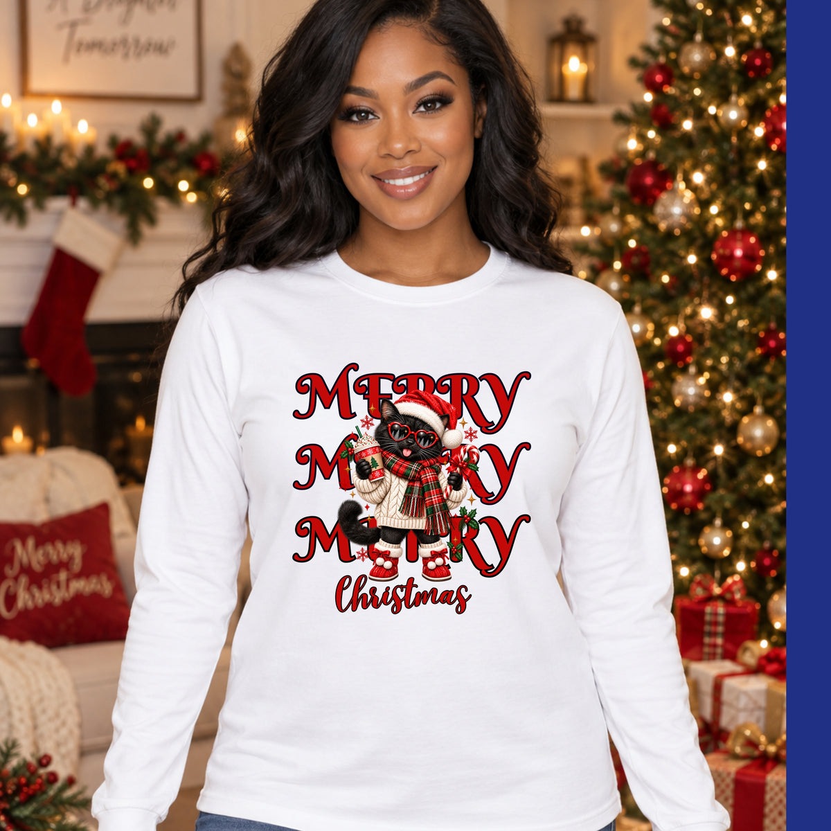 Merry Christmas Black Cat Long Sleeve Tee — Festive Holiday Graphic Shirt