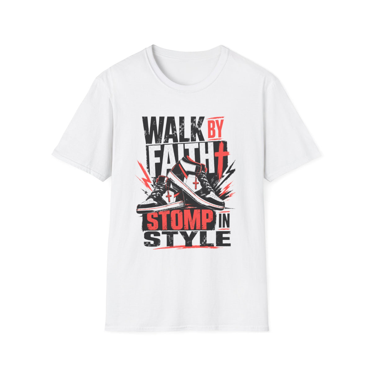 A white short-sleeve crewneck t-shirt featuring a bold graphic print on the front with the text 'WALK BY FAITH STOMP IN STYLE' in black and red, accompanied by an illustration of sneakers.