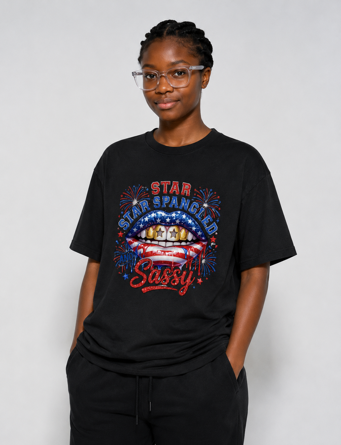 Star Spangled & Sassy Graphic Tee | Patriotic Fireworks Lips Shirt | Fourth of July Oversized Streetwear T-Shirt