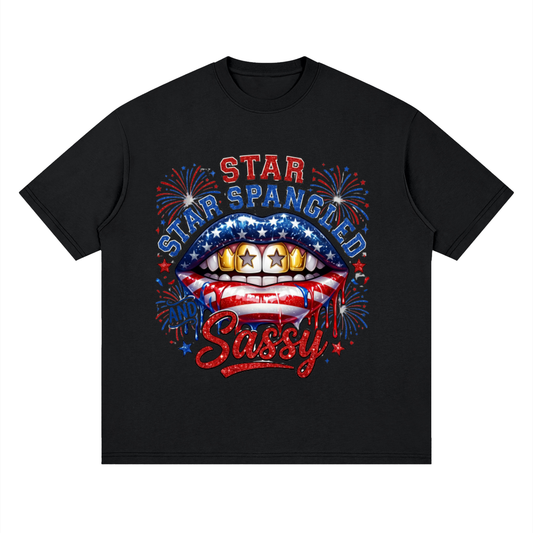Star Spangled & Sassy Graphic Tee | Patriotic Fireworks Lips Shirt | Fourth of July Oversized Streetwear T-Shirt