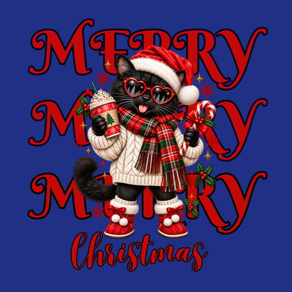 Merry Christmas Black Cat Long Sleeve Tee — Festive Holiday Graphic Shirt