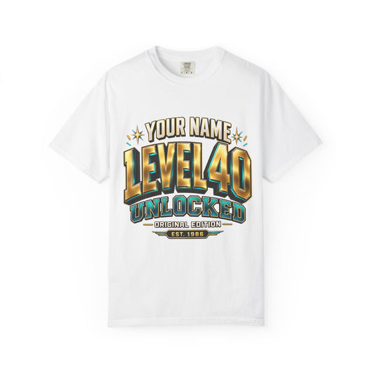Level 40 Unlocked Birthday T-Shirt — Personalized Name Gaming Party Tee