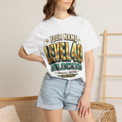 Level 40 Unlocked Birthday T-Shirt — Personalized Name Gaming Party Tee