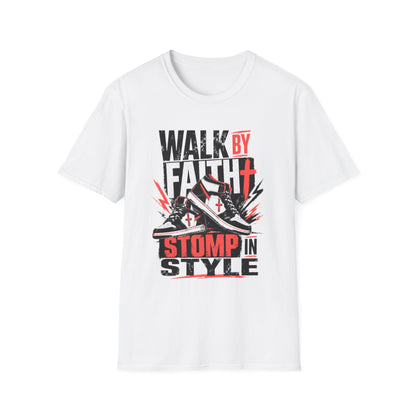 A white short-sleeve crewneck t-shirt featuring a bold graphic print on the front with the text 'WALK BY FAITH STOMP IN STYLE' in black and red, accompanied by an illustration of sneakers.