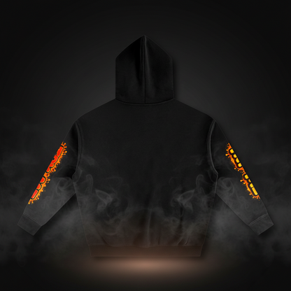 Black God Don’t Play About Me Christian graphic hoodie with colorful front and sleeve designs.