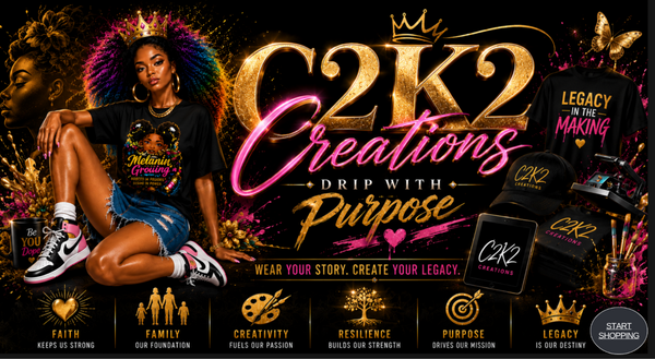 Promotional image for C2K2 Creations with a person sitting and text about brand values.